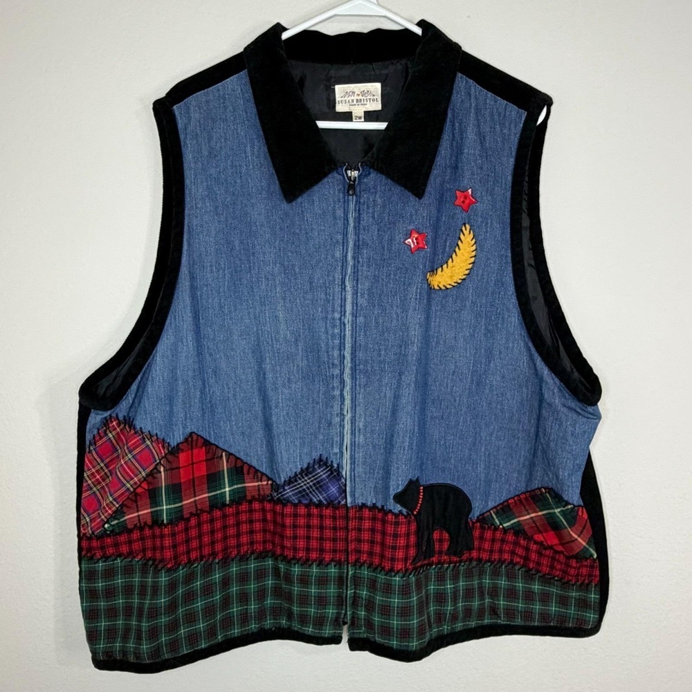 Susan Bristol VTG Cardigan Vest Denim‎ Corduroy 2W Grannycore Patchwork Bear